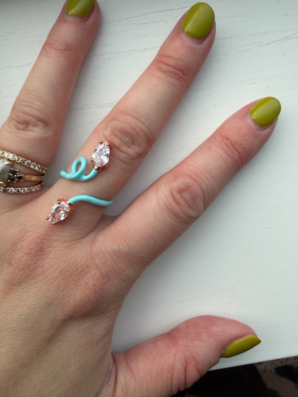 Adjustable Light Blue Enamel Open Snake Ring with White Teardrop Crystal/Gem